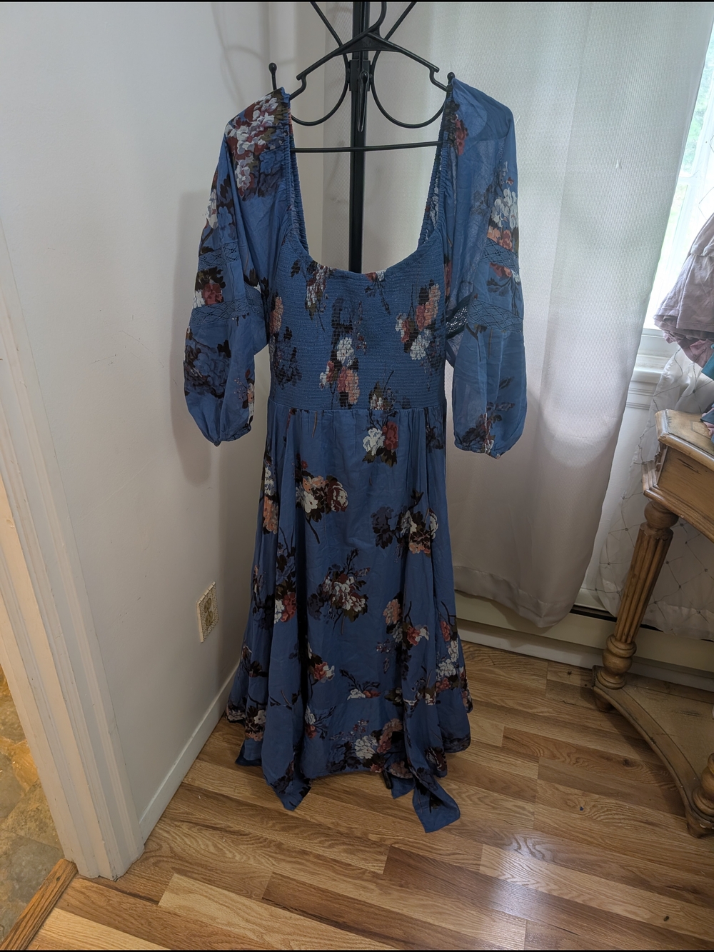 Free People Dusty Blue Floral Maxi Dress with Puff Sleeves Size Small